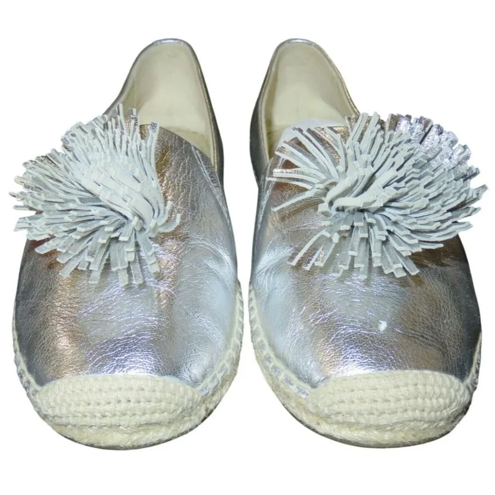 Michael Kors Lolita Silver Metallic Leather Pom Pom Espadrilles size 9.5 Slip On